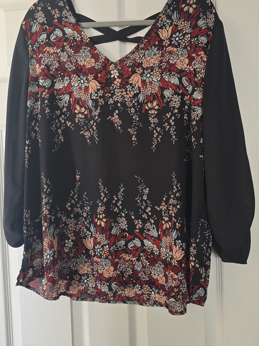 Maurices Black Floral V-Neck Long Sleeve Blouse with Crisscross Back